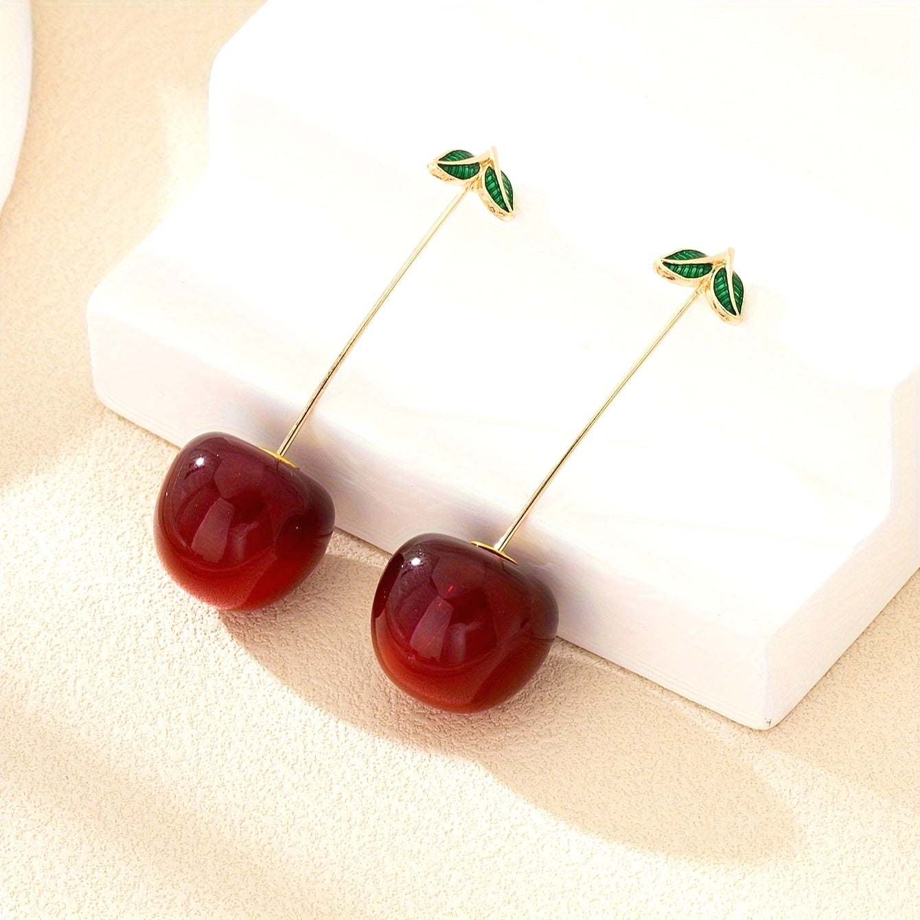1 Pair of Elegant Cherry Drop Earrings for Women  Chic Resin with GoldenTone Leaf Perfect for Weddings Parties Vacations and Birthday Gifts Novelty Earrings